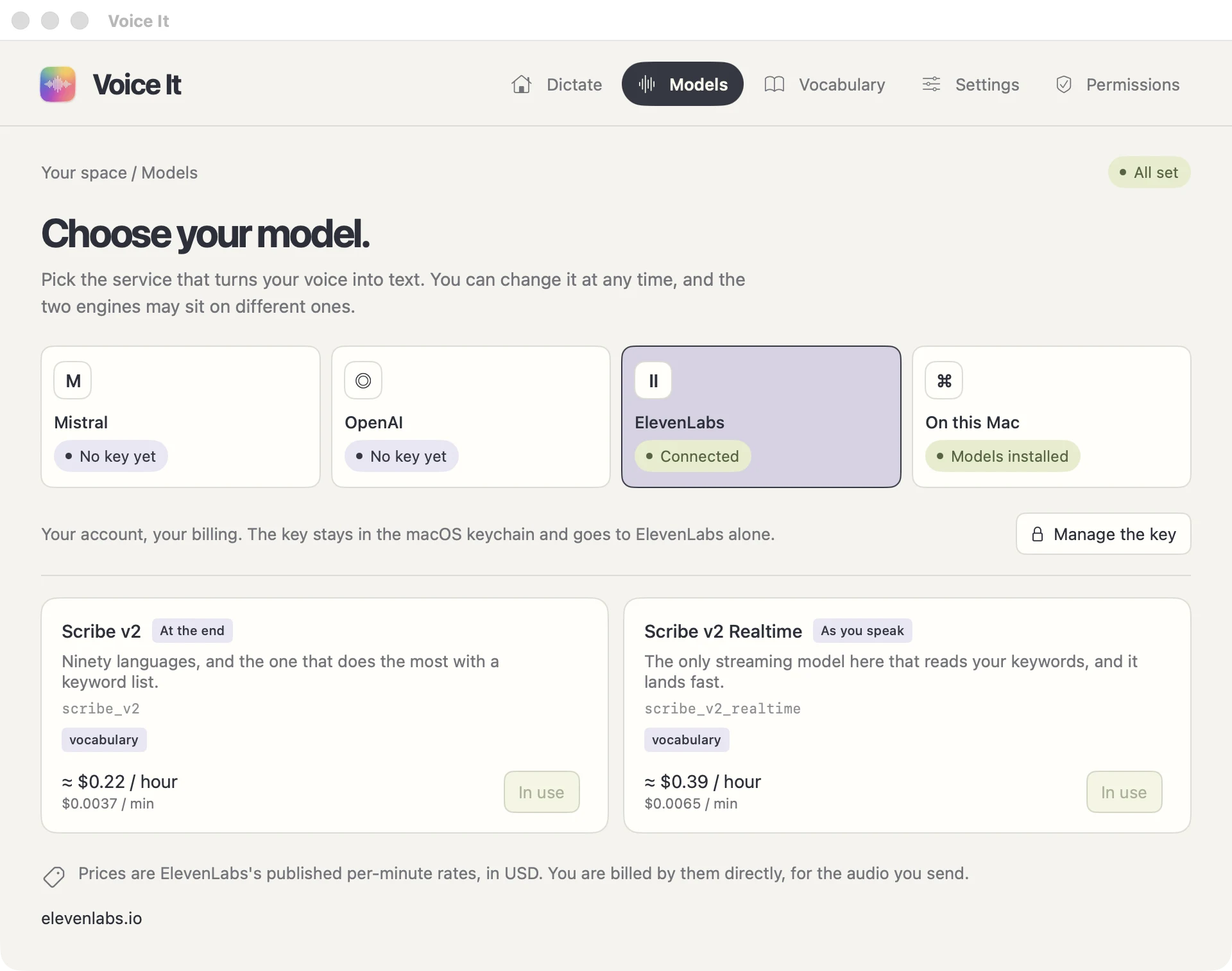 The Voice It window on its Models page: the four providers and their models, with prices