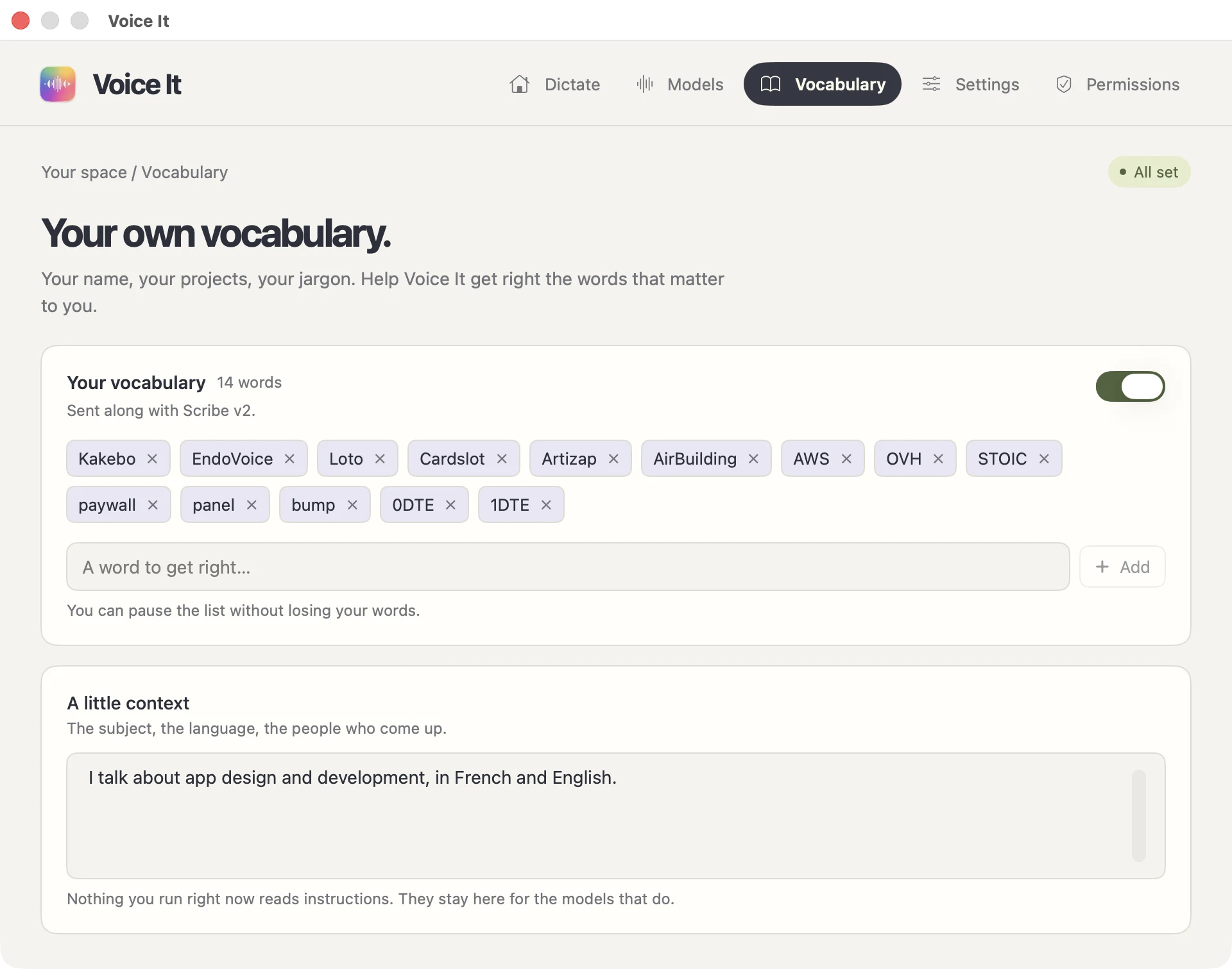 The Vocabulary page of Voice It: the chips of personal words and the box of context